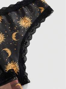 ROMWE Goth 3件套深色哥特式太阳月亮星星图案蕾丝边内裤