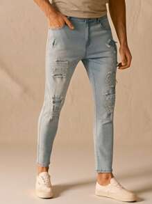 Manfinity VCAY Men's Distressed Skinny Fit Denim Jeans - Blue - View 1