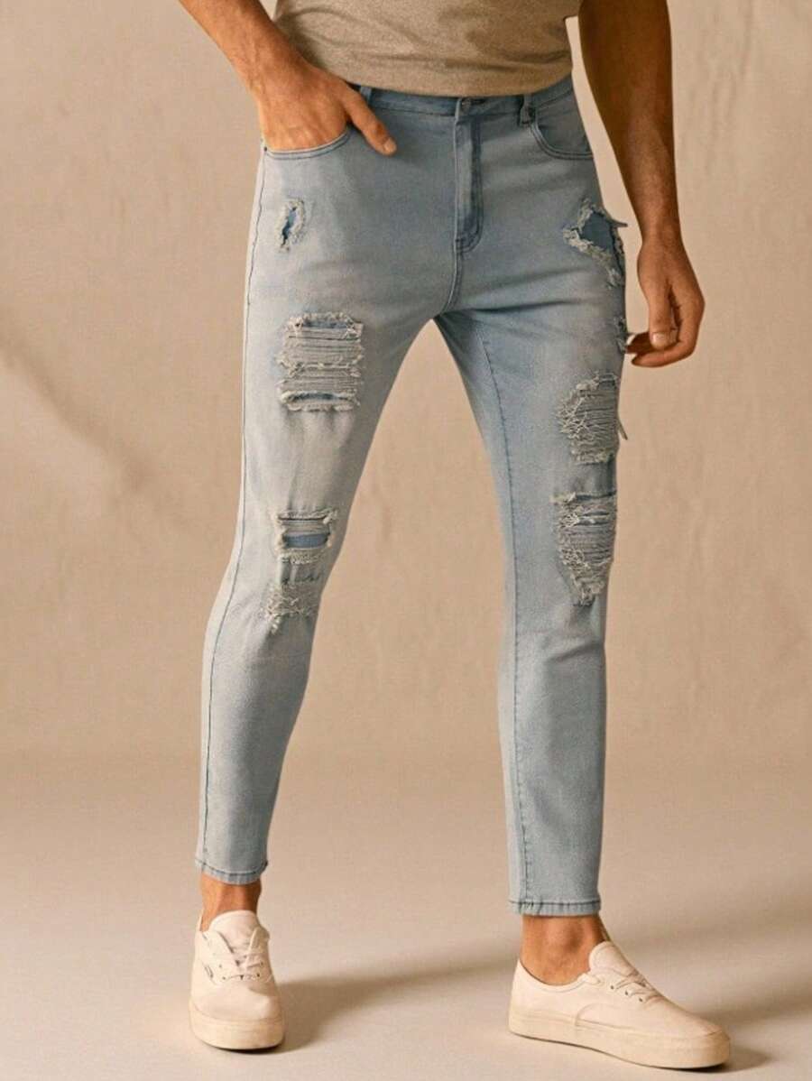 Manfinity VCAY Men's Distressed Skinny Fit Denim Jeans - Blue - View 1