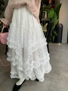 DAZY Jupe asymétrique à panneaux en maille blanche et dentelle, élégante - Blanc - Voir 1