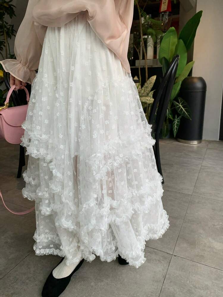 Layered Asymmetrical White Mesh And Lace Panel Skirt, Elegant