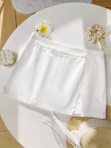 SHEIN EZwear 白色低腰休闲纯色女士开衩裙 - 白色 - 查看 14