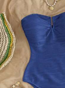 Soleia White Metal Trim Textured Fabric Bandeau Bodysuit For Beach, Vacation