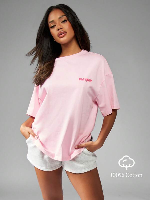 Missguided x Playboy Tricou supradimensionat Casual Streetwear Mânecă scurtă Logo Print Lounge Athletic Bumbac Summer Festival Fashion
