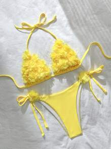 Swim Mod Solid Color Patch Halter Knotted Bikini Swimsuit For Summer Beach Vacation - Yellow - View 6