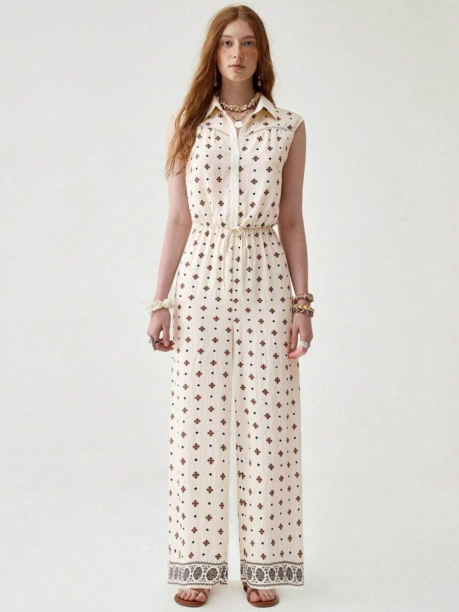 Florisole Women's Summer Elegant Vacation Apricot Floral Sleeveless Jumpsuit - Apricot - View 1