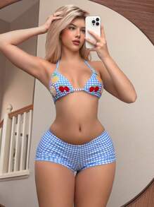 Swim Mod Fruit Print Halter Neck Backless Bikini & Plaid Shorts, 2pcs/Set Women Beach Swimsuit For Summer Beach Vacation - Blue and White - View 3