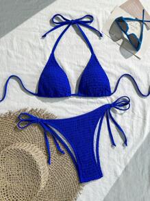 Swim Vcay Vacation Solid Color Blue Bikini Set For Summer - Royal Blue - View 1