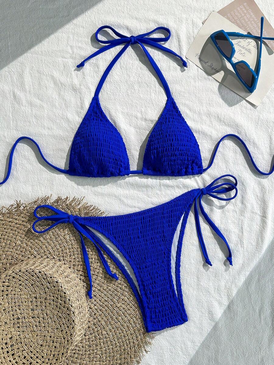 Swim Vcay Vacation Solid Color Blue Bikini Set For Summer - Royal Blue - View 1