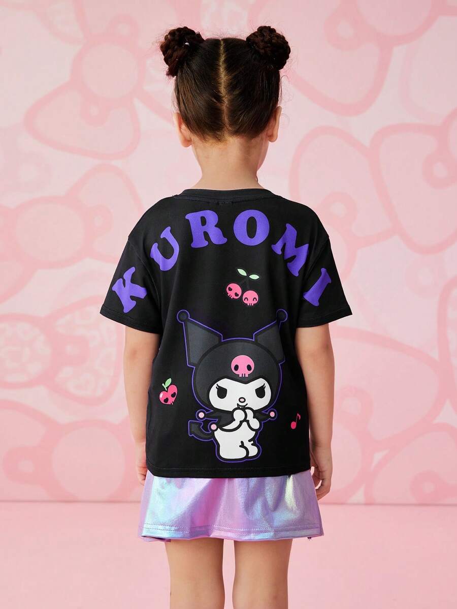HELLO KITTY AND FRIENDS | SHEIN 少女卡通图案可爱黑色休闲短袖T恤夏季 - 黑色 - 查看 1