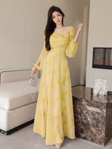 Modelyn Women's Chiffon Ditsy Floral Draped Neck Waisted Flared Hem Elegant Resort Dress Fall Cloth For Women - Yellow - View 4