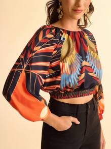 CAJUNI Women's Casual Tropical Colorful Parrot Print Bell Sleeve Cropped Shirt, Black Round Neck - Multicolor - View 6