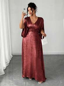 Elenzga Plus Size Women's High-End V-Neck Slit Waist A-Line Metallic Gold Accent Elegant Slim Fit Evening Gown, Suitable For Formal Party, Banquet, Business Event, Shoulder-Revealing, Romantic And Aristocratic Long Formal Dress - Burgundy - View 1