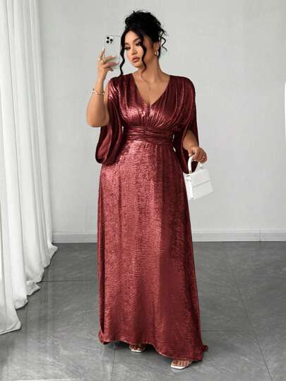 Elenzga Plus Size Women's High-End V-Neck Slit Waist A-Line Metallic Gold Accent Elegant Slim Fit Evening Gown, Suitable For Formal Party, Banquet, Business Event, Shoulder-Revealing, Romantic And Aristocratic Long Formal Dress