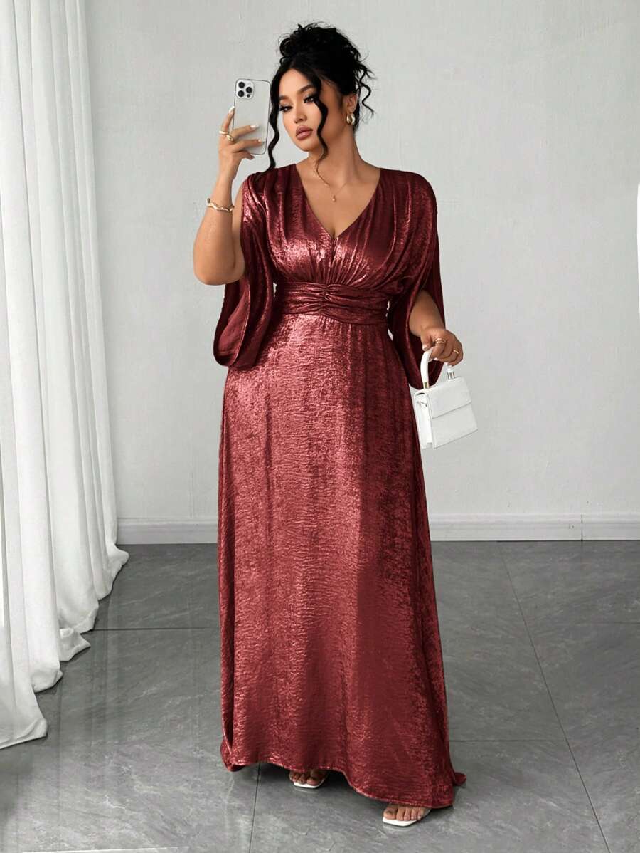 Elenzga Plus Size Women's High-End V-Neck Slit Waist A-Line Metallic Gold Accent Elegant Slim Fit Evening Gown, Suitable For Formal Party, Banquet, Business Event, Shoulder-Revealing, Romantic And Aristocratic Long Formal Dress - Burgundy - View 1