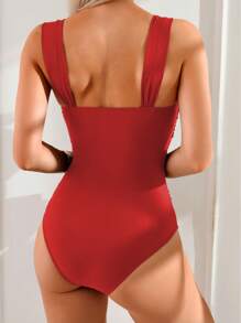 Swim Basics Women Solid Color Ruched Strap Simple One-Piece Swimsuit, Festival Boho For Summer Beach Vacation