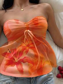 Attitoon Orange Tropical Floral Print Casual Vacation Style, Sexy, Cute Y2K Coconut Girl Boho Vacation Beach Outfits For Women, Springbreak, Brunch-Ready Babyblue, Girls Trip Butter Yellow Neon Beach Vibes, Bohemian Hippie Music Festival Summer Top For Women