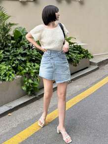 DAZY Women's Asymmetrical Waistline Asymmetric Placket Short Denim Mini Skirt Low Rise Jeans Jeans Skirt - Light Wash - View 5