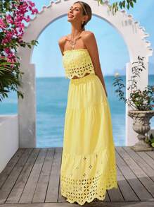 Vivid Eden 女士夏季度假休闲抹胸长裙两件套日常穿着，女士夏季服装，度假风格，黄色两件套，度假服装，可爱夏季上衣，海滩度假服装 - 黃色 - 查看 6