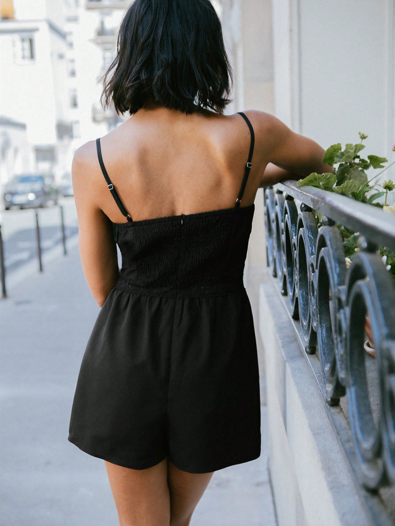 Elegant Black Loose Fit Romper With Lace Trim And Square Neck Going Out Outfits Spring Summer