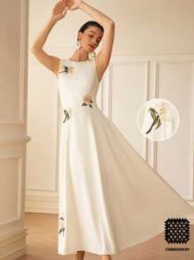 Aveloria New Spring/Summer High-End Quality Women's Dress, Slimming Effect Waistline, Rose Flower Embroidered Sleeveless Round Neck Maxi Dress, French Couture A-Line Flared Hem Long Gown, Elegant Retro Old Money Design, Suitable For Commuting, Vacation, Dating, And Business Occasions - White - View 4