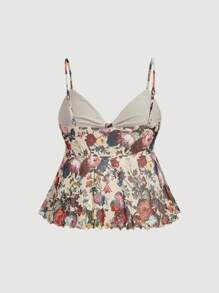 SHEIN MOD Áo ba lỗ thun in họa tiết hoa cổ điển cỡ lớn có dây đeo mảnh bằng vải lưới thắt nơ - Nhiều màu - Xem 2