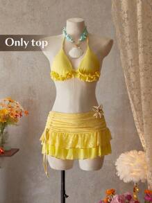 Bellisia Women's Summer Vacation Beach Solid Color Ruffled Halter Bikini Top