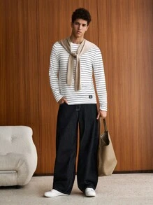 SWAVVY Men T-Shirts Fit Crew Neck Drop Shoulder Long Sleeve Casual Korean Fashion Summer Polyester Vintage Wash Tee, Fall