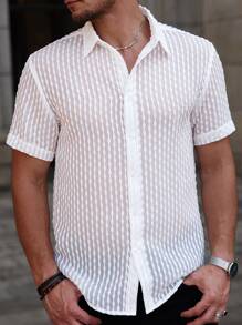 Manfinity RelaxMax Camisa casual de manga corta y un solo abotonadura de color liso para hombres, ideal para el verano