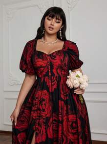 Lyrianda 大码女式花卉印花V领高开衩浪漫度假长裙女装