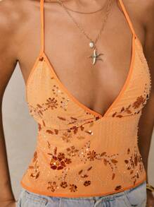 Poéselle 女士深 V 领迷人修身亮片橙色吊带背心 - 橘色 - 查看 4