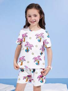SEALOOK X SHEIN Conjunto de camiseta de manga corta blanca y shorts de verano de estilo casual con estampado de foca de dibujos animados, palmera y flores para niñas