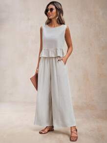 SHEIN LUNE Button Back Ruffle Hem Top & Wide Leg Trousers - Apricot - View 4