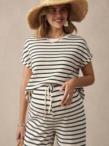 Boho Mama 2pcs/Set Maternity Short Sleeve Striped Top And Pants, Simple Fashionable Casual Everyday Wear