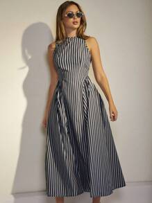 COSMINA 女士休闲无袖条纹圆领百褶夏季连衣裙 - 黑與白 - 查看 6