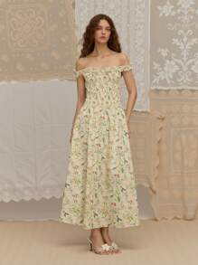 SHEIN MOD Plant Print Pattern Off Shoulder Ruffle Hem Long Dress