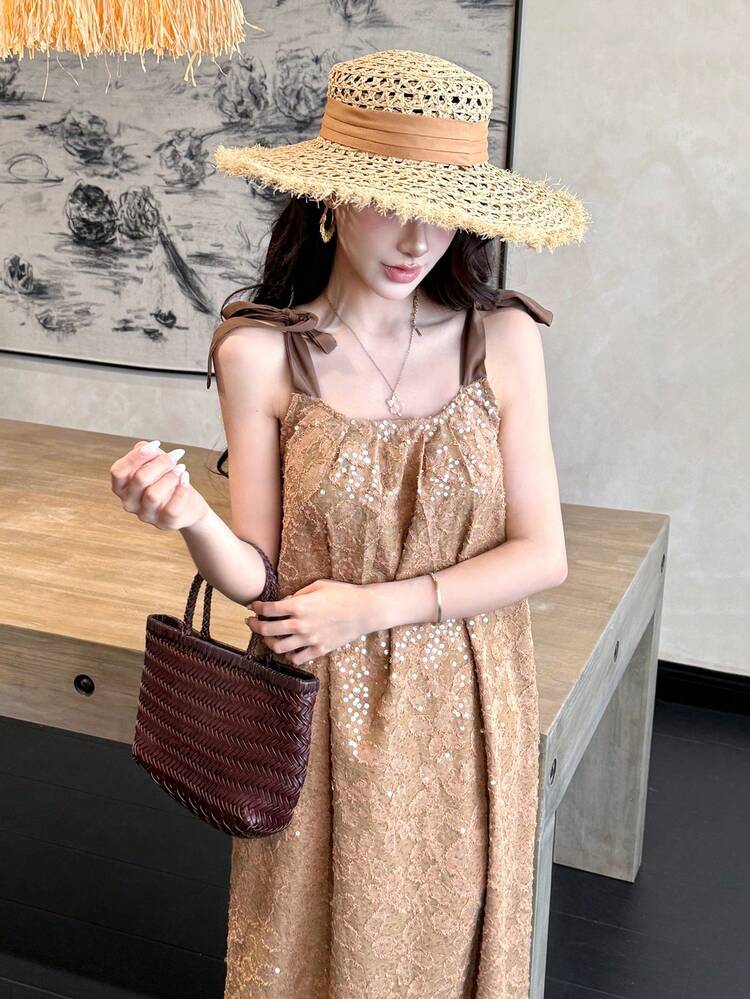 Sequins Decor Patchwork Sleeveless Aline Long Formal Dress For Women, Summer Prom Dress Maxi Dress Boho Vacation Outfits Women
