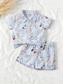 Vintaside Kids 2 件/套男婴卡通森林动物印花短袖 T 恤和短裤套装。衬衫可搭配白色汗衫，打造阳光时尚的外观。柔软舒适的面料，可爱休闲的风格，适合春夏季外出、户外玩耍、度假、日常穿着和旅行。 - 藍色 - 查看 1