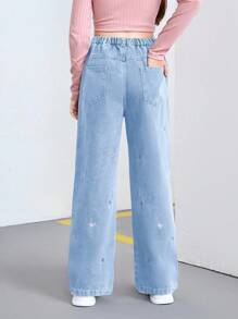 SHEIN Tween Girls Y2K Style Washed Blue Loose Casual Heart Embroidery Straight Leg Jeans, Fashion Versatile Daily Wear, Tween Jeans Embroidery,Tops - Light Wash - View 2