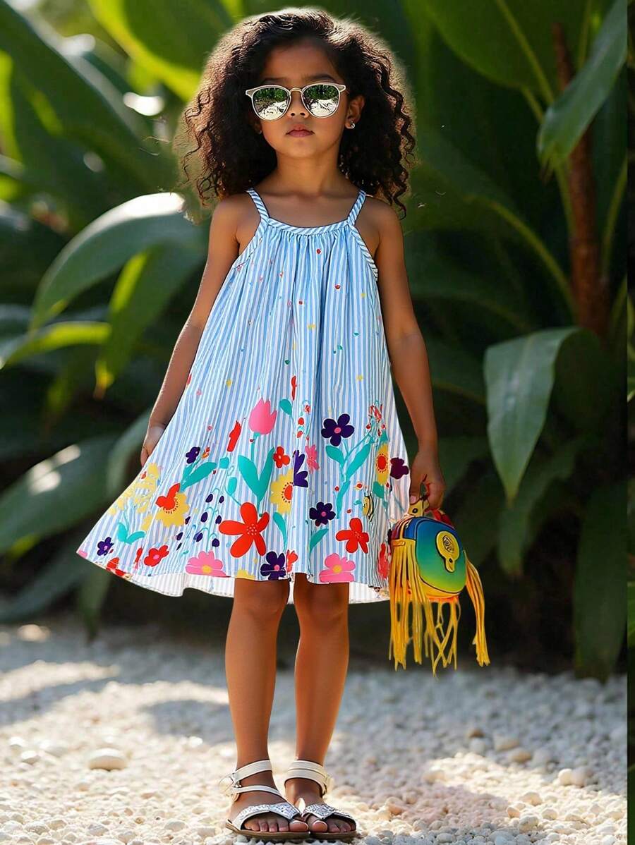 Sparklyn Young Girls Floral Print Casual/Holiday Spaghetti Strap A-Line Dress - Blue - View 1