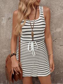 SHEIN LUNE Autumn Casual Knit Striped Dress For Women, Suitable For Summer Vacation Dress