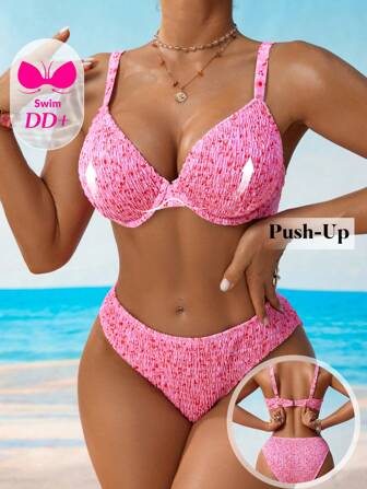 Swim DD+ Women's Resort Beach Patchwork Print Bikini Set For Summer Beach Vacation