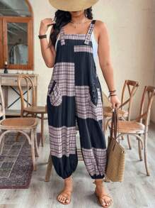 SHEIN Clasi Plus Size Women's Plaid Pocket Loose Wide Leg Jumpsuit With Straps Women Summer Clothing Women Summer Jumpsuit Woman S Summer Clothes Women S Clothes Work Summer Jumpsuit Women Short Jumpsuit Summer Women Summer Sets Women Plus Clothing Formal Women Casual Jumpsuit - Grey - View 5