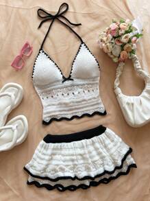 Soleia Conjunto de 2 piezas de blusa halter sin espalda con recorte de contraste y mini falda para mujer de talla grande, atuendos de vacaciones de playa, primavera/verano, estilo bohemio romántico para festivales de música con flores y tejido a ganchillo