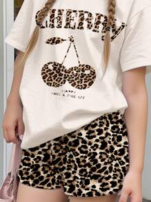 Emery Rose Kids Emery Rose Kids Estampa de leopardo vintage e padrão cereja, conjunto de 2 peças de camiseta e shorts casuais minimalistas de manga curta e gola redonda para meninas adolescentes, adequado para o verão - Multicolorido - Ver 3