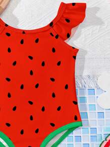 Cute Watermelon Print Baby Girls Casual Slim-Fit Beachwear Jumpsuit Swimsuit, Suitable For Summer Vacation - Multicolor - View 3