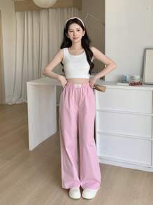 SHEIN 少女粉色休闲百搭编织腰带编织标签装饰长裤，适合居家休闲 - 粉色 - 查看 3