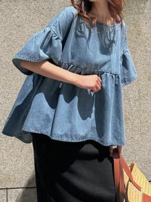 FRIFUL 女式牛仔衬衫，圆领泡泡袖，不对称下摆设计，宽松版型，百搭休闲、度假 - 中等水洗藍 - 查看 5