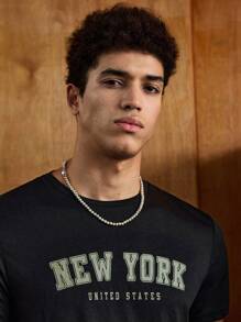 SWAVVY 男式纽约字母短袖休闲图案T恤和翻盖口袋短裤，夏季服装 - 軍綠色 - 查看 3