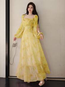 Modelyn Women's Chiffon Ditsy Floral Draped Neck Waisted Flared Hem Elegant Resort Dress Fall Cloth For Women - Yellow - View 3